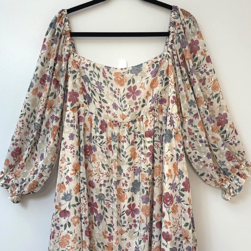 Sweet Lemon Floral Swiss Dot Babydoll Mini Dress w/ Pockets 2X Cottagecore - Picture 3 of 11